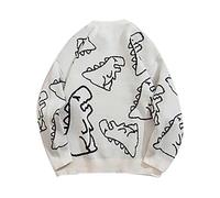 Fleece Pullover Herren Rundhals, Männer Herbst und Winter Cartoon Dinosaurier Paar Outfit Neutral Beiläufige Lose Pullover Frau Vielseitig Rundhals Stricken (White XXL)