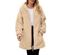 Fleecejacke Damen Teddyjacke Warm Elegant Kapuzenpullover Wintermantel Mit Reißverschluss Einfarbige Casual Mantel Oversized Hoodie Kapuzenjacke Lang Flauschige Winterjacke Taschen Beige Xxl