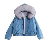 Fleecejacke Damen, Winterjacke Damen Warm Gefüttert Jeansjacke mit Kapuze Künstliches Fellkapuze Denim Jacke Winter Warme Dicke Mantel Große Größen Jeans Plüschjacke Kapuzenjacke Outwear