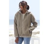 Fleecejacke ELBSAND, Damen, Gr. 36, grau (taupe), Fleece, Obermaterial: 100% Polyester, unifarben, gerade hüftlang, Bündchen, Jacken Fleecejacke, Übergangsjacke aus Teddy-Fleece mit verstellbarer Kapu