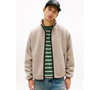Fleecejacke TOMMY JEANS "TJM BADGE TEDDY", Herren, Gr. M, limestone dust, Sweatware, Obermaterial: 100% Polyester, regular fit, Bündchen, Jacken Fleecejacke, Stehkragen, Teddyfleece, relaxed fit (3748