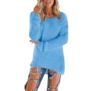 Fleecepullover Damen, Plüsch Pullover Damen Teddy-Fleece Lang Flauschig Pulli - Winter Warm Plüschpullover Einfarbig Rundhals Langarm Winterpullover Weich Casual Sweatshirt Thermo Shirt