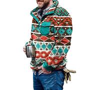 Fleecepullover Herren Aztec Fleece Pullover Sherpa Fleecejacke Button down Sweatshirt Warm Vintage Weihnachtspullover Sweatpullover mit Tasche für Männer Grün L