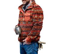 Fleecepullover Herren Aztec Fleece Pullover Sherpa Fleecejacke Button down Sweatshirt Warm Vintage Weihnachtspullover Sweatpullover mit Tasche für Männer Rot XXL