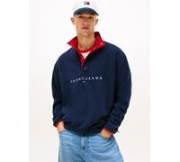 Fleecepullover TOMMY JEANS "RRELAXED POP LINEAR MOCK POLAR FLEECE", Herren, Gr. S, schwarz night navy, Sweatware, Obermaterial: 100% Polyester, unifarben, relaxed fit normal, Rundhals, eingesetzt gera