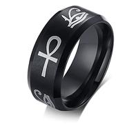 FLHEART Ägyptische Auge des Horus und Ankh Ring Band Edelstahl Hieroglyphe eingraviert Ankh Gott des ra Ring für Herren Schutz Schmuck für ihn,Black,Größe 67 (21.3)