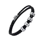 FLHEART Personalisierte Namen Perlen Armbänder - Benutzerdefinierte Unisex Dreifach Wrap Geflochtene Leder Armbänder Individuelles Initial Edelstahl Charm Armband, Gravur 4 Namen ID Armband