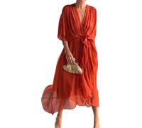 Fließendes Chiffon Midikleid mit tiefem V-Ausschnitt für Frauen Elegantes Chiffon V-Ausschnitt Solide Sexy Casual Trendy Sommerkleid (Orange,L)
