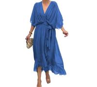 Fließendes Chiffon Midikleid mit tiefem V-Ausschnitt für Frauen Elegantes Chiffon V-Ausschnitt Solide Sexy Casual Trendy Sommerkleid (See-blau,L)