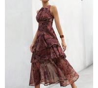 Fließendes, elegantes Chiffonkleid mit Raffungen, Volants und Paisley-Muster, gefüttert, für Frühling/Sommer