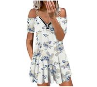 Fließendes Strandkleid für Frauen mit V-Ausschnitt, Kettenriemen, schulterfrei, Kurzarmrock, Blumendruck, Damenkleider, Kleider