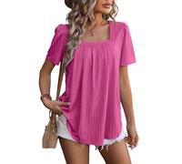Flikity Damen-Blusen mit quadratischem Ausschnitt, Puffärmel, Damen-Top, plissiert, Tunika, Kleidung, fließend, einfarbig, Frühling, Sommer, legere T-Shirts S-XXL, rosarot, S