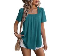 Flikity Damen-Blusen mit quadratischem Ausschnitt, Puffärmel, Damen-Top, plissiert, Tunika, Kleidung, fließend, einfarbig, Frühling, Sommer, legere T-Shirts S-XXL, blau - peacock blue, XXL