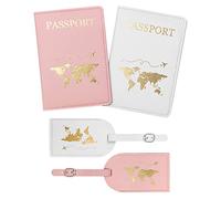 flintronic Reisepasshüllen und Gepäckanhänger, 2 Stück Gepäcketiketten + 2 Stück Reisepasshülle, Leder Reisezubehör Identifikationsanhänger & Kartenetuis für Paare Hochzeitsreise Geschenk