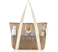 flintronic Strandtasche Damen, Strandtasche Groß Handtasche, Wasserdichte Badetasche, Netztasche Strand Mit Reißverschluss Innentasche für Schwimmbad, Urlaub, Reisen, Fitnessstudio, Einkaufen - Khaki