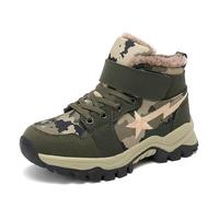 FLIOZY Kinder Camo Wanderschuhe wasserdichte Winterschuhe mit Atmungsaktivem Warmer Plüschfütterung rutschfeste Sohle Einfacher Klettverschluss Jungen Outdoor-Schuhe Green 28