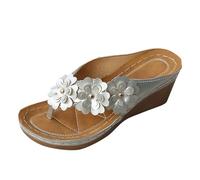 Flip Flops Damen Weich Badelatschen Hausschuhe Drei Blumen Außenhandel Dicker Keilabsatz Clip Toe Strand Fischgräten Sandalen Schuhe Elegant 42 43 Zehensandalen Sommer Womens Plateau Silber 37