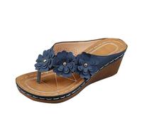 Flip Flops Damen Weich Badelatschen Hausschuhe Drei Blumen Außenhandel Dicker Keilabsatz Clip Toe Strand Fischgräten Sandalen Schuhe Elegant 42 43 Zehensandalen Sommer Womens Plateau Blau 37