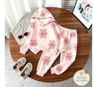 Flockiges Teddybär-Schleife Kapuzen-Sweatshirt Set, weiches Fleece Langarm Top mit gerippten Bündchen Hose, elastischer Bund Jogginghose, lockerer Sch