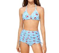 Flodxo 3-teiliges Bade-Set für Mädchen, Sommer-Bikini, Badeanzug, verstellbarer Neckholder, Oberteil und Badehose mit verdecktem Rock, gepolsterter Badeanzug, einfarbig, lässig, Strandmode, Blau 54, 7