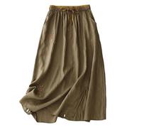 Flodxo Baumwoll-Leinen-Rock für Damen, Sommer, A-Linie, Maxi-Röcke, elastische Taille, Boho, lange Röcke, Y2K, Retro, Vintage-Stickerei, Tunika-Kleid, elegant, lässig, Büro, Arbeit, schwingende Röcke,