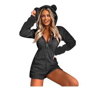 Flodxo Bear Onesie Damen Fleece-Onesies mit Kapuze für Damen mit 3D-Ohren Winter Warm Strampler Nachtwäsche Pyjama Langarm Kapuze Kurze Jumpsuits Einteiler Jumpsuit Playsuit Loungewear, schwarz 2, M