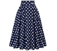 Flodxo Damen 1950er Jahre Faltenröcke Knielang A-Linie Skater Swing Rock Hohe Taille Vintage Polka Dots Ausgestellte Röcke Abend Cocktail Party Rockabilly Rock Elegant Midi Kleider, blau, XL