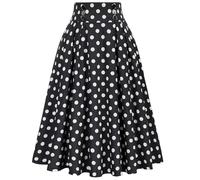 Flodxo Damen 1950er Jahre Faltenröcke Knielang A-Linie Skater Swing Rock Hohe Taille Vintage Polka Dots Ausgestellte Röcke Abend Cocktail Party Rockabilly Rock Elegant Midi Kleider, Schwarz , L