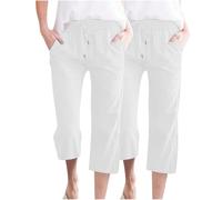 Flodxo Damen-Caprihose, 2 Stück, Caprihose für Damen, Baumwolle, Leinen, 3/4-Hose, Kordelzug, elastische Taille, leger, lockere Sweathose, Stretch, Loungewear, Trainingshose für Yoga, weiß, XXL