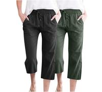 Flodxo Damen-Caprihose, 2 Stück, Caprihose für Damen, Baumwolle, Leinen, 3/4-Hose, Kordelzug, elastische Taille, leger, lockere Sweathose, Stretch, Loungewear, Trainingshose für Yoga, Schwarz , M