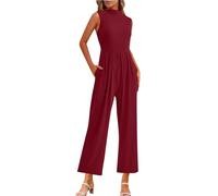 Flodxo Damen-Jumpsuits & Playsuits Eleganter Jumpsuit mit weitem Bein mit Taschen Lässiger Kordelzug Elastische Taille Dehnbarer Jumpsuit Rundhalsausschnitt Ärmellos Latzhose Strampler Playsuits, rot,