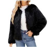 Flodxo Damen Kunstfellmantel, Winterjacke, offene Vorderseite, Übergröße, kurze Pelzjacke, warm, flauschig, Mantel, Bolero, Kunstfell, weich, flauschig, dick, mit Fleece gefüttert, Schwarz , L