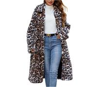 Flodxo Damen-Trenchcoat aus Kunstfell, warm, Leopardenmuster, lange Ärmel, offene Vorderseite, lange Strickjacke, flauschig, gemütlich, Plüschmantel, Umlegekragen, Teddybär-Mantel, coffee, XXL