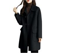 Flodxo Damen-Wollmäntel, Vintage, Winterjacke, elegant, lässig, Trenchcoat, Übergröße, Reverskragen, warmer Übermantel, zweireihig, mittellang, Outwear, Langarm-Cardigan, Schwarz , L