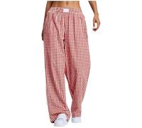 Flodxo Gingham-Hose für Damen, weites Bein, Sommer-Cropped-Hose, elastische Taille, lässige Palazzo-Hose, leicht, Loungewear, Baggy, Sweathose mit Taschen, Y2K, bequeme Homewear Hose, rot, M