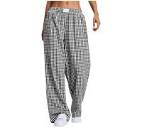 Flodxo Gingham-Hose für Damen, weites Bein, Sommer-Cropped-Hose, elastische Taille, lässige Palazzo-Hose, leicht, Loungewear, Baggy, Sweathose mit Taschen, Y2K, bequeme Homewear Hose, Schwarz , XXL