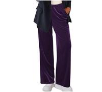 Flodxo Hose für Damen, elastische Taille, weites Bein, leger, Palazzo, gerades Bein, Jogginghose, Velours, Samt, einfarbig, Trainingshose mit Taschen, elegante Arbeitshose, violett, L