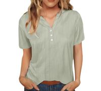 Flodxo Sommer-Tops für Damen, Leinen, kurzärmelig, Knopfleiste, Henley-Tunika, Top, V-Ausschnitt, einfarbig, Damenblusen, Übergröße, Ausgehen, Pullover, Arbeit, Büro, lässig, lockere T-Shirts, grau, L