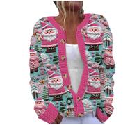 Flodxo Weihnachts-Strickjacken für Damen, Übergröße, Weihnachtspullover, langärmelig, leicht, lässig, locker, gestrickt, Sweatshirts, Bluse mit Knopf, Weihnachtsdruck, Pullover-Shirts, Mehrfarbig 02