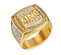Flongo 18k Gold Ring Herren: Ringe Edelstahl breit vergoldet plattiert Herrenring King Gravur mit Zirkonia golden Strass stainless steel Hip-Hop Punk Club Biker Bandring für Männer Frauen Damen 65