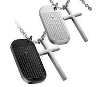 Flongo 2 PCS Edelstahl Anhänger Halskette Silber Schwarz Dog Tag Kruzifix Kreuz Englisch Bibel Herr Gebet Jesus Christ Herren, mit 55cm Kette