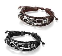 Flongo 2 PCS Edelstahl Leder Echtleder Armband Armreif Lederarmband Kordelkette Herz Zirkonia Schwarz Braun Silber Infinity Unendlichkeit Lieben Zeichen Symbol Herren,Damen