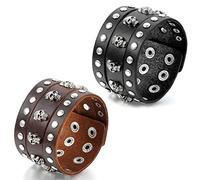 Flongo 2 PCS Leder Echtleder Armband Armreif Manschette Schwarz Braun Silber Nieten Totenkopf Schädel Einstellbar Verstellbar Motorradfahrer Biker Herren Set