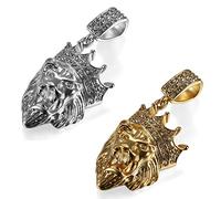 Flongo 2 Stück Edelstahl Anhänger Halskette Kette Strass Silber Gold Golden King's Landing Krone Löwenkopf Löwe Kopf Motorradfahrer Biker Herren Männer, mit 56cm Kette Herrenkette