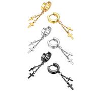 Flongo 3 Paar Kreuz Ohrringe aus Edelstahl Creolen Ohrringe mit Kreuz Anhänger Damen Ohrringe Herren Ohrstecker Hängendes Geschenk zu Ostern Weihnachten Halloween