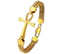 Flongo Armband Herren Ankh Kreuz: bracelet men gold Franco Armkette Edelstahl königskette Double Row Woven Chain mit Egyptian Cross Amulett mens jewellery Armbänder für Damen Männer Jungen