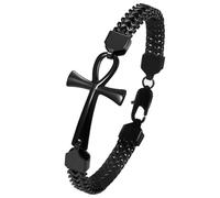 Flongo Armband Herren Ankh Kreuz: bracelet men schwarz Franco Armkette Edelstahl königskette Double Row Woven Chain mit Egyptian Cross Amulett mens jewellery Armbänder für Damen Männer Jungen
