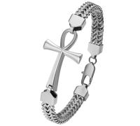 Flongo Armband Herren Ankh Kreuz: bracelet men silber Franco Armkette Edelstahl königskette Double Row Woven Chain mit Egyptian Cross Amulett mens jewellery Armbänder für Damen Männer Jungen