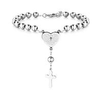 Flongo Armband Rosenkranz Kette Armkette, Edelstahl Anhänger Armreif Kette Kugelkette Silber Englisch Bibel Herz Herzchen Tag Kruzifix Kreuz Kugel Perle Perlen Rosenkranz Herren,Damen