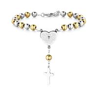 Flongo Armband Rosenkranz Kette Armkette, Edelstahl Anhänger Armreif Kette Kugelkette Silber Gold Golden Englisch Bibel Herz Herzchen Tag Kruzifix Kreuz Kugel Perle Perlen Rosenkranz Herren,Damen